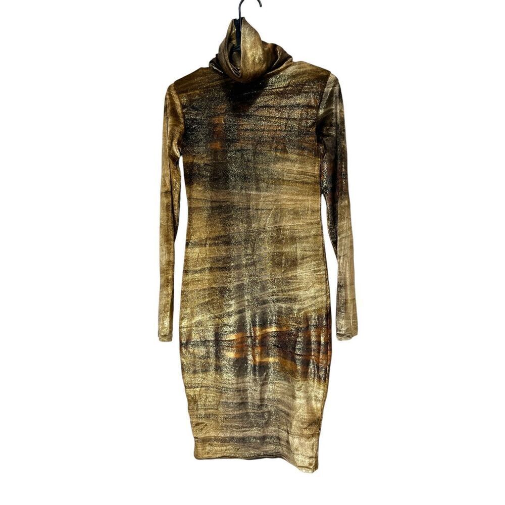 Angel Brinks Fashion Brown Gold Velvet Bodycon Long Sleeve Dress Size M